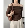 Women's T Shirts Fit Shirt Beige Gray Brown Tops Sexy Off Shoulder Long Sleeve Slim