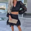 ワークドレス夏のエレガントなクラブパーティーセットレーススカートスーツファッション女性刺繍ランタンスリーブクロップトップミニフリルビーチの衣装