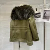 Damski futra borvemays kołnierz patchworka skórzana kurtka utrzymują ciepło zagęszczenie z długim rękawem