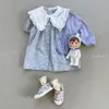 Robes de fille vêtements pour enfants Style coréen filles bébé mince coton revers Plaid à manches courtes filles col en dentelle 230407