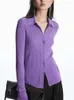 Kvinnors stickor 2023 Spring Women Turn-Down Collar Sweater Rib Slim Fit Single Breasted Ladies Knit Purple Black Cardigan