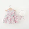 Sukienki dla dziewczynek 2 sztuki lato boletnia moda kwiat słodki łuk bawełna plażowa sukienka księżniczka kapelusz dziewczęta butikie stroje niemowlę