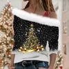 Blusas femininas mulheres blusa de impressão de natal moda um ombro frio gola de pele lantejoulas cinta camisas casual manga longa topos ano pulôver