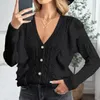 Suéter feminino outono e inverno vintage renda retalhos decote em v botões suéter de malha elegante cor sólida pulôver casual