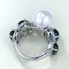 Cluster Rings Handgjorda Pearl Emerald Diamond Ring Real 925 Sterling Silver Party Wedding Band for Women Bridal Engagement Smycken