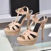 Platform Sandalen Geweven Echt Leer Luxe Sandaal Dames Taps toelopende Gesp T-Strap Stiletto Hakken Open Tenen 14 Cm Luxe Designer Schoenen