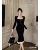 Women's square collar long sleeve velvet fabric slim waist lace bottom mermaid midi dress SML