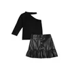 Clothing Sets Fashion Girls Clothes Halter One Shoulder Solid T Shirts Ruffles Single-breasted PU Leather Skirts Autumn Two-Piece Set