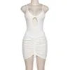 Casual Dresses Sexy Hollow Out Mini Dress Women Fashion Strap Ruched Bodycon Beach Dresses 2023 Summer White See Through Night Club Outfits P230407