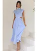 Casual Kleider Foridol Stehkragen Taille Ausschnitt Damen Sommer Midikleid Grün Ärmellos A-Linie Holiday Beach Solid Vestidos Party Robe