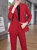 Women's Two Piece Pants Women Blazer And Pant Suit Ladies Business Work Wear 2 Set Black Blue Red Female Long Sleeve Formal Jacket Trouser