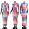 Casual jurken sexy v nek plaid lange jurk dames mouw bodycon sundress mode multicolor geprinte streetwear herfst feest clubkleding 2023ca