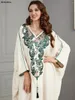 Ubranie etniczne Siskakia Solid Floral Hafdery i Tassel Batwing Sleeve V Neck Casual Abaya Turkish Saudi Daily Party Muzułmanin