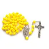 Pendant Necklaces QIGO Rose Plastic Rosary Necklace Yellow Pink Long Jesus Cross Catholic Jewelry For Men Women