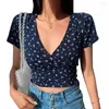 Damen-T-Shirts Vintage Floral Cross Crop Top T-Shirt Frauen Cropped Slim Kurzarm V-Ausschnitt Sexy Sommerkleidung T-Shirt Femme Tops