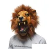 パーティーマスクハロウィーン小道具Adt Angry Lion Head Masks AnimalFL Latex Masquerade Birthday Party Face Mask Drop Delivery Home Garden Fe Dhcul