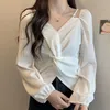 Kadın bluzları beyaz uzun kollu gömlekler kadınlar için ve v yaka fener şifon bluzu siyah giyim femme elegantes seksi
