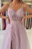 Party Dresses Spaghetti Strap Sparkly Sequined Beadings Evening For Women 2023 Pink Soft Tulle Gown High Split A Line Sleeveless