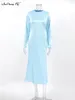 Casual Dresses Satin Elegant Flowing A-Line Dress Blue Silky Round Neck Inner Long Office Ladies Thin Sleeve Chic