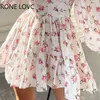 Повседневные платья Женское пышное платье с v-образным вырезом и цветочным принтом, кружевная милая короткая юбка 230407