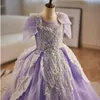 Robes modestes de filles de fleur pourpre pour les mariages Tulle élastique Satin longueur de plancher robe de bal robes de reconstitution historique enfants adolescents robes de reconstitution historique robe de fête d'anniversaire Cooktail