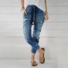 Jeans da donna alla moda pantaloni a matita in denim a botte dritta a vita alta blu allacciatura elastica Harlan