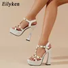 Nieuwe Rivet Peep Toe Platform Dames Sandalen Super hoge hakken Sexy Summer Fashion Buckles Party Nightclub Stripper Shoes 230306