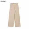 Womens Two Piece Pants PTYSIC Women Elegant Beige Asymmetric Gabardine Top High Waist Wide Leg Loose Straight Trousers Female Suits Sets 230407