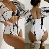 Women's Swimwear Square Collar Long Sleeve Women Monokini Fashion Print Female Waist Hollow Out Bathing Suit For Water Activity