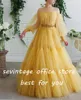 Party Dresses Sevintage Yellow Beading Crystal Tulle Long Prom Sleeves Tiered Pleat A-Line Evening Gowns Formal Dress 2023
