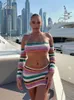 Work Dresses Joskaa Colorful Striped Knitted Two Piece Set Women Sexy Off Shoulder Long Sleeve Tops And Mini Hip Skirt Match 2023 Streetwear