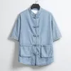 Vêtements ethniques Style chinois Hommes Hanfu Col montant Chemise en denim d'été Costume Tang traditionnel pour hommes Grande poche