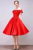 Party Dresses 2023 Satin A-Line Strapless Midi Prom For Women Off The Shoulder Back Lace Up Knee Length Homecoming Dress With Ruffles