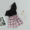 衣料品セット2〜7歳の子供の女の子の夏の衣装ソリッドカラーフリルズ肩ノースリーブタンクトップベルト2PCS服を着た格子縞のショートパンツ