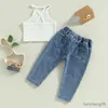 Kledingsets 2 stuks mode meisjeskleding set mouwloos halter geribbeld crop top hemdje met taille gescheurde jeans kinder zomeroutfit R231107