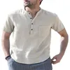 Herrklänning skjortor linne kort ärmknapp stativ krage skjorta fast färg blus dagligen slitage casual streetwear topps manliga skjortor