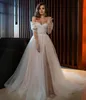 Elegante zachte tule Boho trouwjurk lange mouwen lieverd parels bruidjurken strand split prinses Robe De Mariage