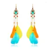 Dangle Earrings Bohemian Crystal Copper Chain Feather Long Drop For Women Retro Gypsy Ethnic Temperament Gold Color Jewelry Gift