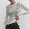 Pulls pour femmes Mode Blanc Élégant Rayé Voir à travers les femmes Top Tenues Automne Hiver T-shirts à manches longues T-shirts Skinny Club Vêtements de fête