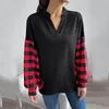 Damskie bluzki moda czerwono kratowa koszula Tuniky Kobiety vintage bawełniana jesienna wiosna wiosna długie rękaw V Ladies Casual Tops Christmas