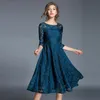 Den senaste vår- och höstklänningen, europeisk och amerikansk gudinna klänning, 3/4 ärm Slim Fit, Slim Medium Length Lace High End Big Swing Dress