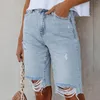 Kvinnors shorts plus size denim kvinnor sommar hög midja knälängd bred ben raka jeans damer casual löst hål rippad