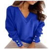 Women's Hoodies Women Blouse Casual Solid Color Button Sweatshirt Autumn Winter Long-Sleeved Hoodie V-neck Tops Ladies Pullover