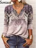 Womens TShirt Vintage Geometrica UNeck Button TShirt Donna Autunno Elegante Confortevole Manica lunga Top Donna Allentato Tees 230406