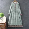 Casual Dresses Autumn Women Sweet Round Collar Lace Flower Dress Long-Sleeved Cotton