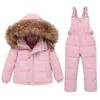 Down Coat Kids Jackets Set Real Fur Winter Snowsuit Boy Girl Ski Outfits Pink 90 White Duck Overalls Children Clothes Sets 231107