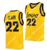 NCAA Iowa Hawkeyes 농구 저지 22 Caitlin Clark College Size 청소년 성인 흰색 노란색 라운드 콜러