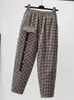 Calças femininas outono inverno vintage xadrez retalhos feminino casual elástico cintura alta solta all-match estilo coreano feminino simples calças