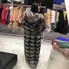 Damen Pelz TOPFUR Luxuriöser Massivsilber Echtledermantel Lässige Damen Echte Jacke Winterhaube Lange Oberbekleidung Mäntel
