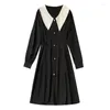 Vestidos casuais preto chique boneca colar elegante e bonito vestido feminino outono inverno manga longa solta 2023 coreano vintage hepburn